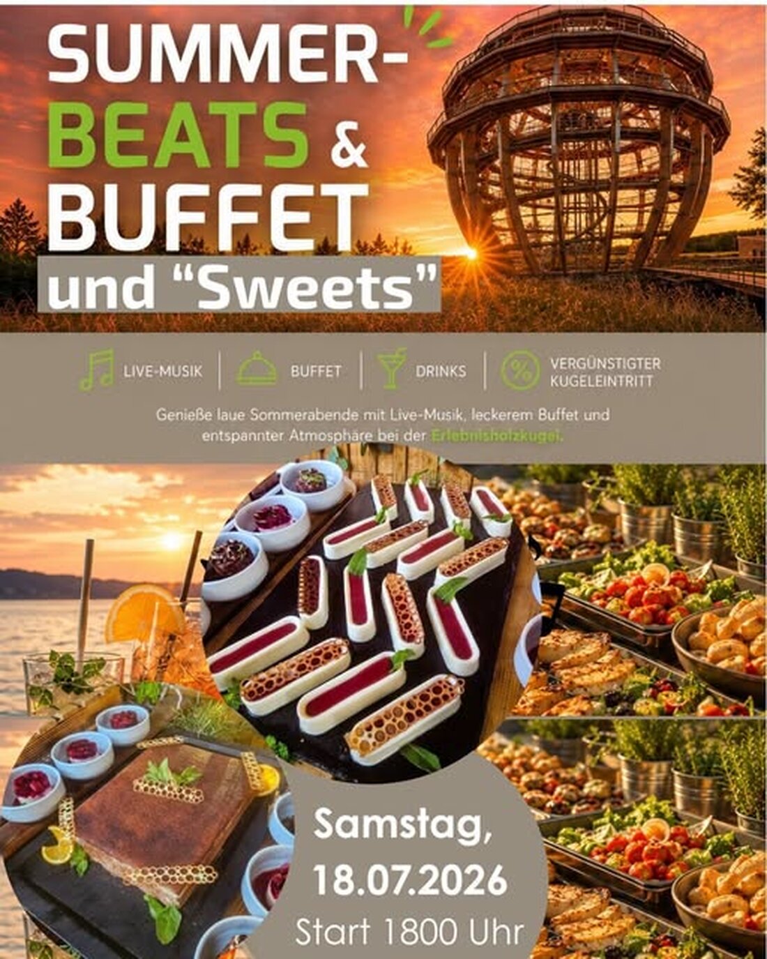 Steinberg am See. Am Samstag, 18. Juli, lädt die Erlebnisholzkugel zu Summer-Beats mit Blick über den See: sommerliche Sounds, reichhaltiges Buffet mit Desserts und Cocktailbar sorgen von 18 bis 22 Uhr für Urlaubsfeeling.