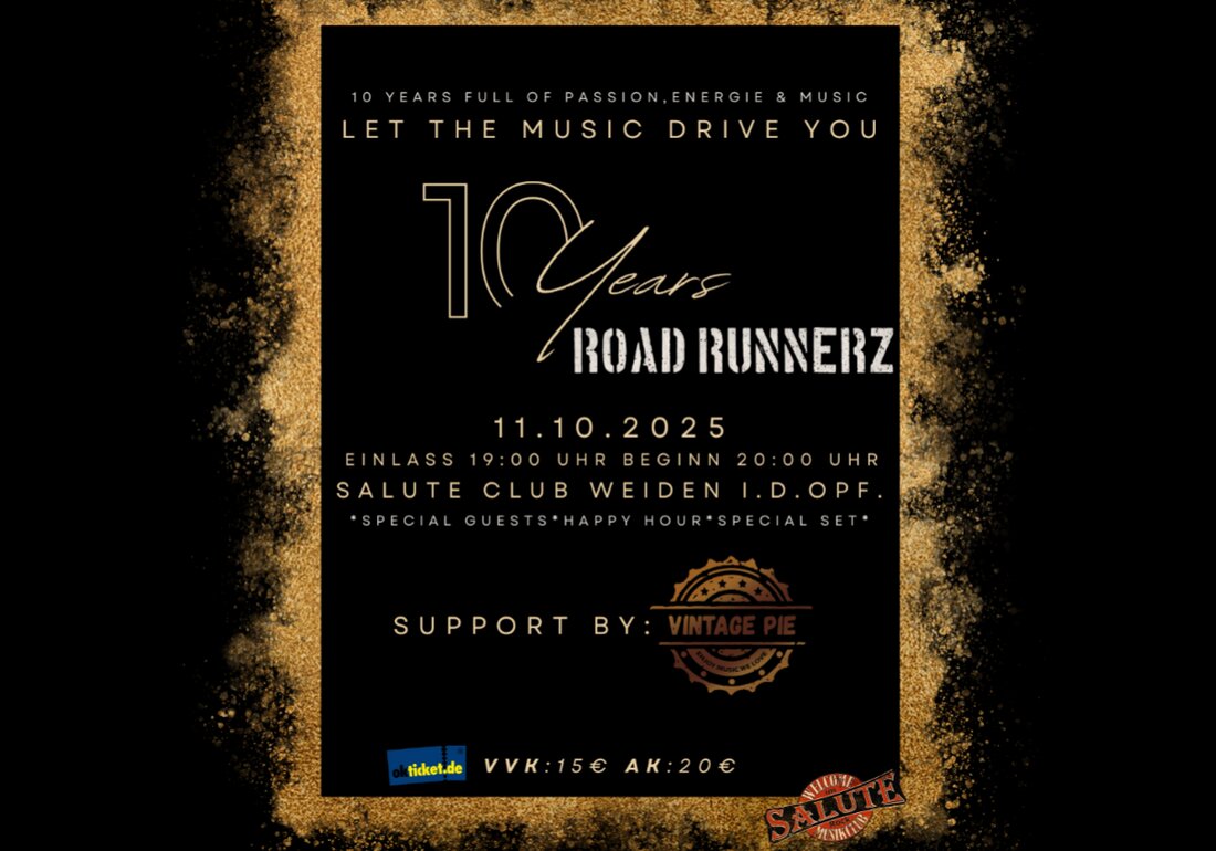 Weiden. Das 10-jährige Jubiläum der Road Runnerz wird im Salute Club, Weiden, mit Leidenschaft, Energie und Musik gefeiert. Veranstaltet vom Salute Club, können Fans auf okticket.de Tickets für das Ereignis am 11. Oktober 2025 um 20.00 Uhr erwerben.