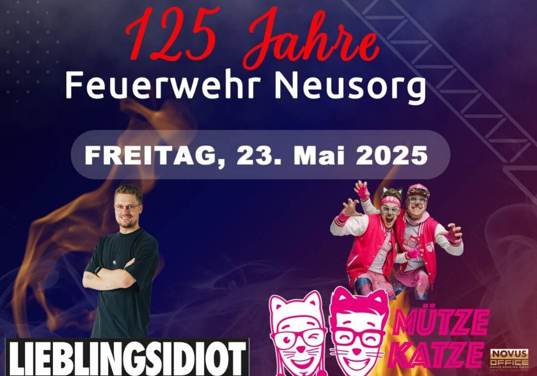 Neusorg. Feier 125 Jahre Freiwillige Feuerwehr Neusorg am 23. Mai 2025 mit einer "90s Back to the Future" Party. DJ Lieblingsidiot und MÜTZE KATZE bringen die Hits der 90er zurück. Tickets gibt es auf okticket.de.