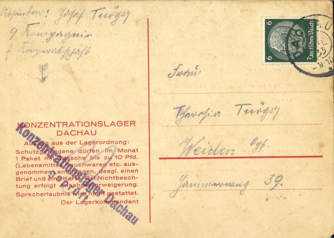 Weiden. Das Stadtarchiv Weiden hat eine interessante Schenkung erhalten: Es handelt sich dabei um Postkarten, die der Sozialdemokrat Josef Tröger 1933/34 aus dem Konzentrationslager Dachau an seine Familie in Weiden schrieb.