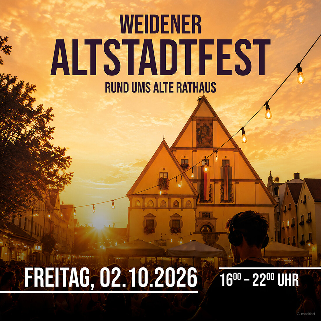 Weiden. Am 2. Oktober 2026 laden Stadtmarketing und Stadt zum Altstadtfest rund ums Alte Rathaus ein und feiern von 16 bis 22 Uhr. Zwei Bühnen, sechs DJs, Kulinarik und Kinderprogramm sorgen für beste Innenstadtstimmung.