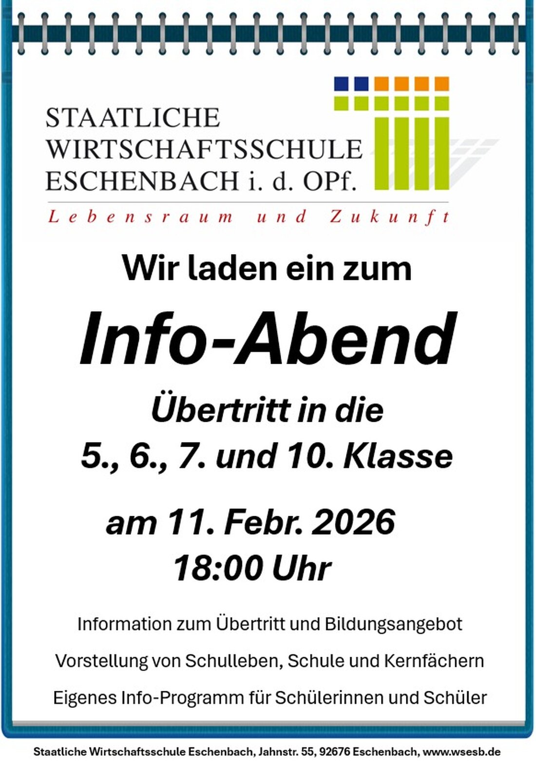 Eschenbach. Am 11. Februar 2026 um 18 Uhr lädt die Wirtschaftsschule zum Infoabend über den Übertritt ein. Beratungslehrer Jürgen Koller erklärt Aufnahmebedingungen und Wege an der Schule.
