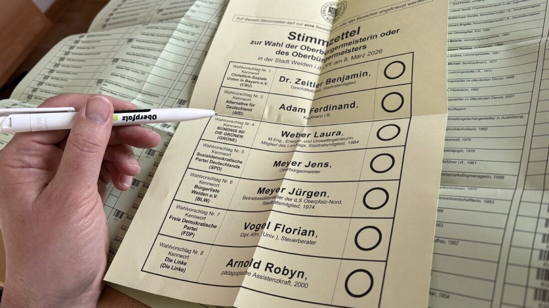 Weiden. Am Sonntag, 8. März 2026, sind 32.750 Wahlberechtigte zur Wahl von Oberbürgermeister und Stadtrat aufgerufen. Die Wahllokale sind von 8 bis 18 Uhr geöffnet, Ergebnisse ab 18.30 Uhr, Link im Artikel. auf 