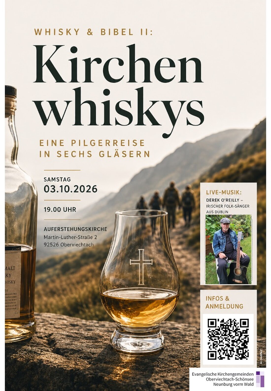 Oberviechtach. Pfarrer Philipp A. Fischer lädt am Samstag, 3. Oktober, ab 19 Uhr in die Auferstehungskirche zu Whisky & Bibel II ein: sechs besondere Whiskys, Livemusik von Derek O’Reilly und Impulse aus Geschichte und Glauben.