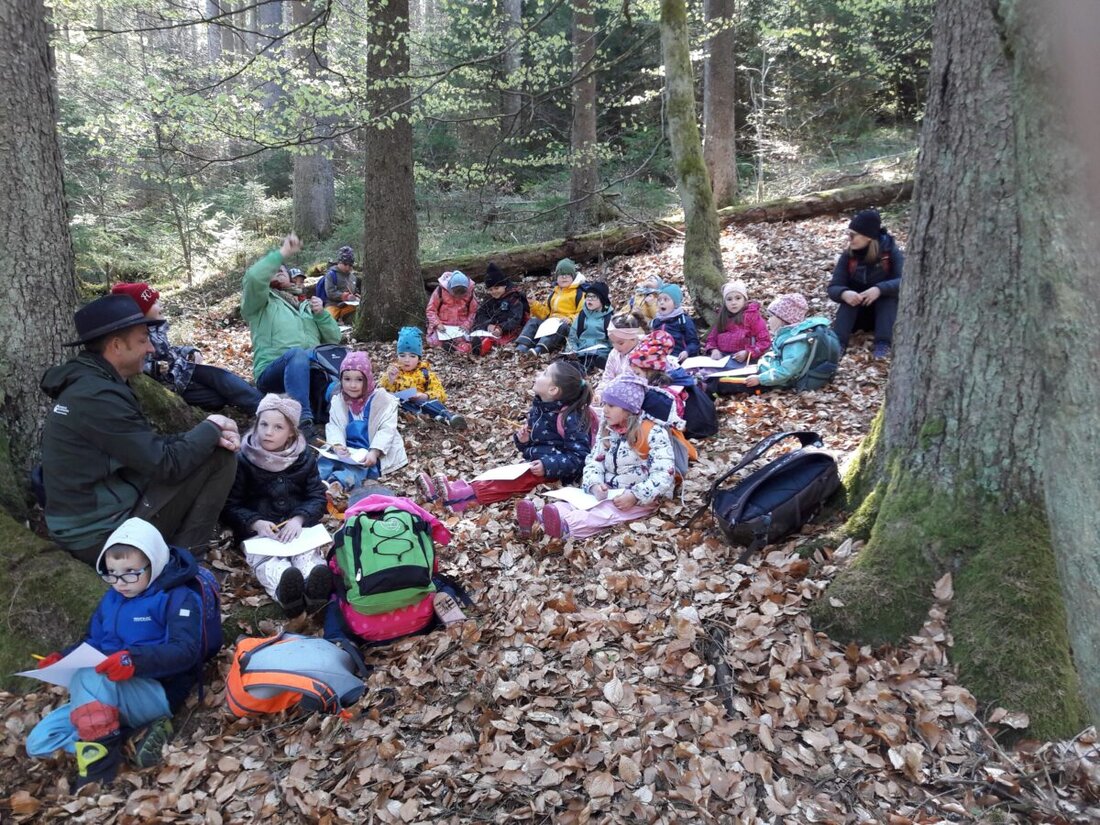 Floß. 20 Vorschulkinder des Kindergartens St. Johannes Maria Vianney verbrachten eine Woche im Wald am Rumpelbach. Erzieherinnen und Förster Hamann vermittelten Waldregeln und Naturerlebnisse; weitere Besuche sind geplant.