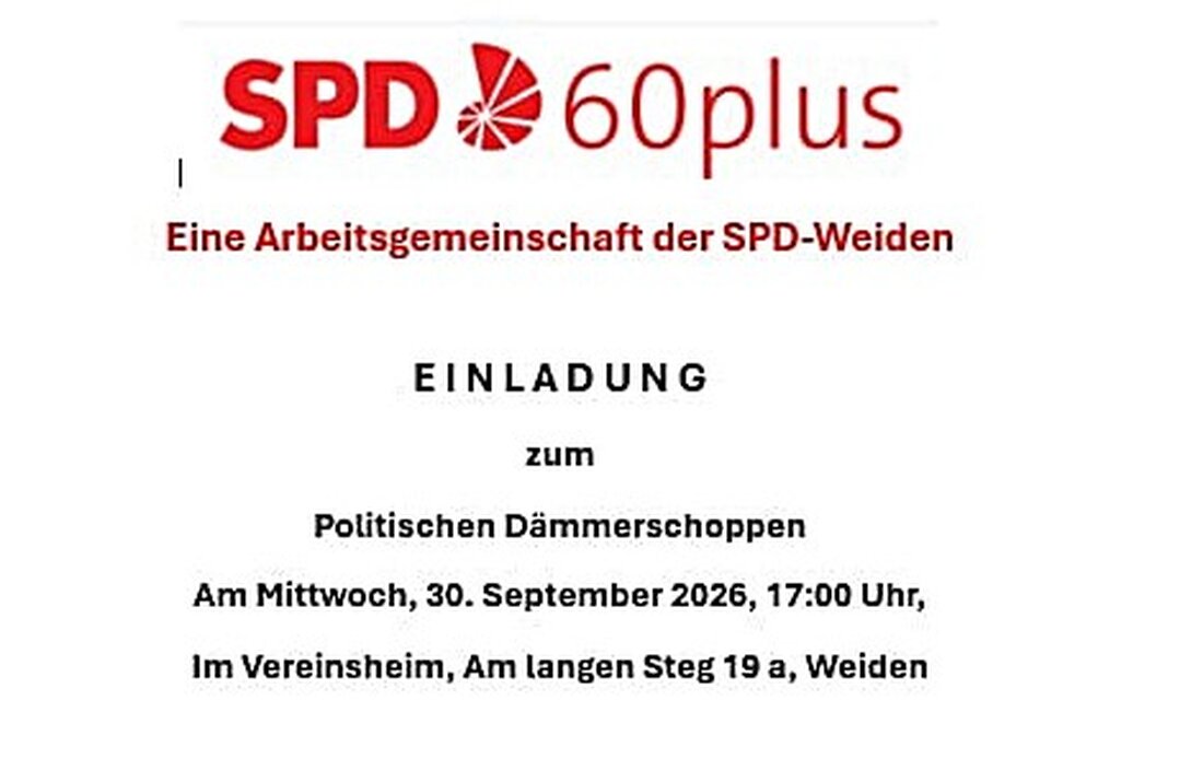 Weiden. Die SPD-Arbeitsgemeinschaft 60plus lädt am Mittwoch, 30. September, um 17 Uhr zum Dämmerschoppen ins Vereinsheim Am Langen Steg 19 a ein. SPD-Fraktionsvorsitzende und Stadträtin Hildegard Ziegler startet den Austausch.