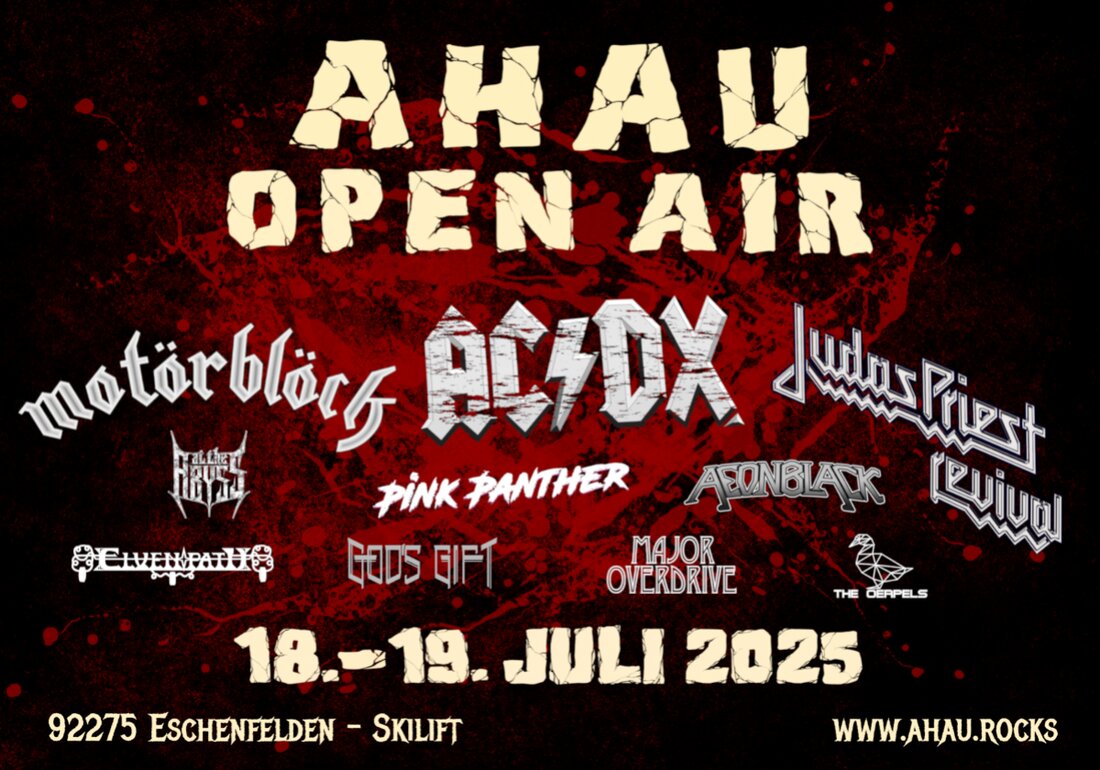 Eschenfelden. Das AHAU Open Air, organisiert von AHAU Event Management in Eschenfelden am Skilift, bringt zehn Bands zusammen, um Fans mit Rock und Heavy Metal zu begeistern. Tickets für das Event am 18. Juli 2025 sind online auf okticket.de erhältlich.