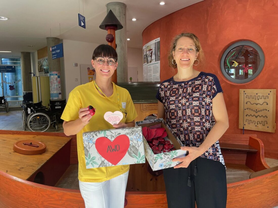 Weiden. Die AWO-Kita Regenbogenland aus Altenstadt spendete zum Weltkindertag 40 bemalte Marienkäferkiesel und 40 Mutmachherzen an die Kinderklinik, deren Team sie verteilte und dankte.