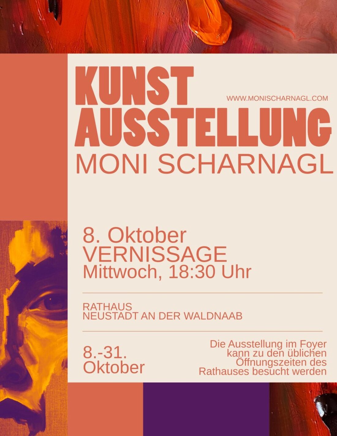 Neustadt. Moni Scharnagl zeigt vom 8. bis 31. Oktober ihre Werke im Rathausfoyer. Die Vernissage ist am 8. Oktober um 18.30 Uhr, der Eintritt ist frei.