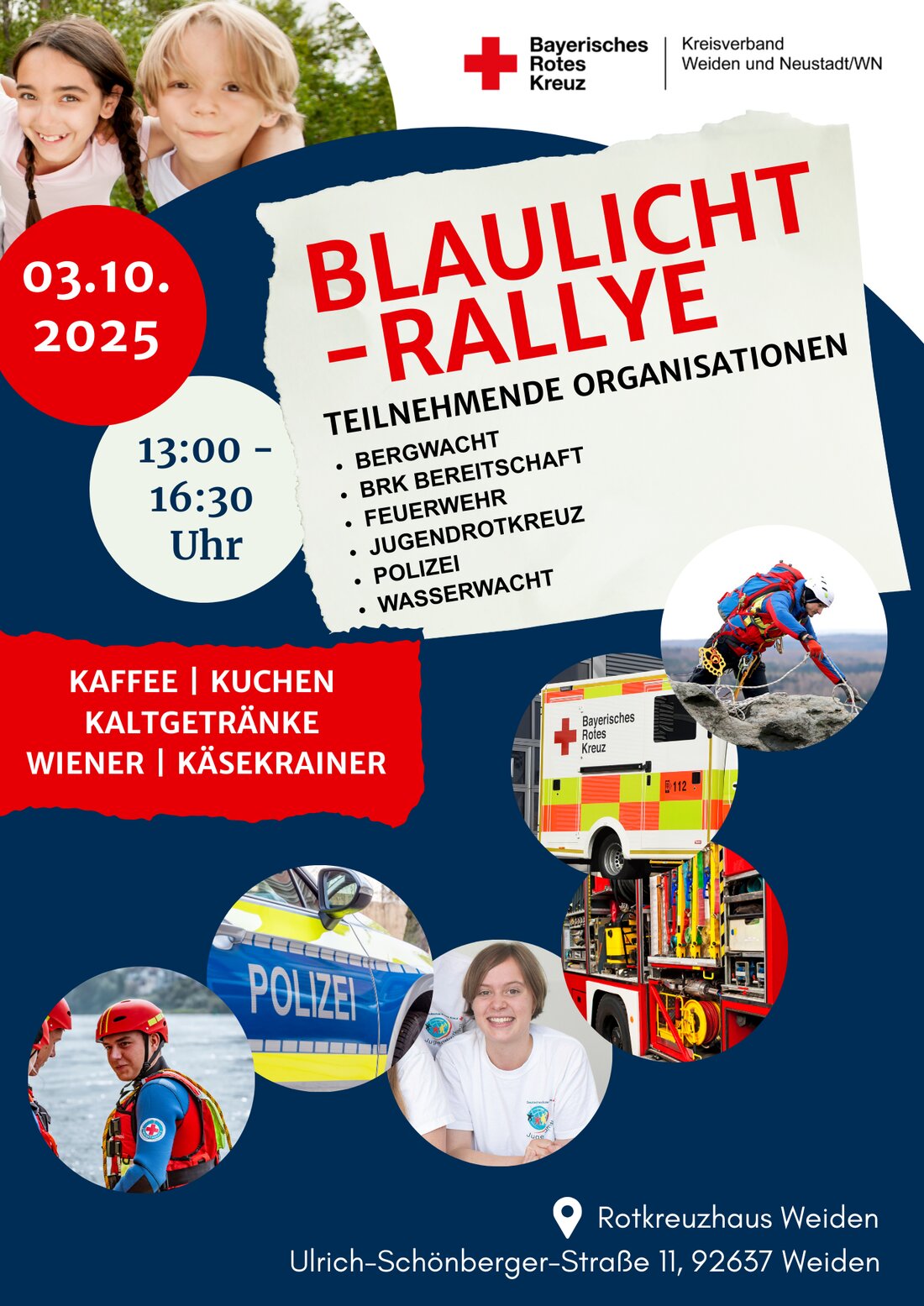 Weiden. Am 3. Oktober 2025 lädt der BRK-Kreisverband von 13 bis 16.30 Uhr zur Blaulicht-Rallye ins BRK-Haus ein, mit Feuerwehr und Polizei, Fahrzeugschau, Mitmach-Stationen und Bewirtung.