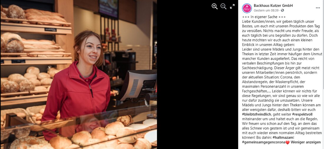 Weiden/Konnersreuth. Corona und die Beschränkungen zur Eindämmung des Virus gehen uns allen mächtig auf die Nerven. Das müssen offenbar auch die Verkäufer:innen der Bäckerei Kutzer immer wieder erleben - von Beleidigung bis hin zur Sachbeschädigung. Jetzt wendet sich die Firma in einem Post an ihre Kunden. 