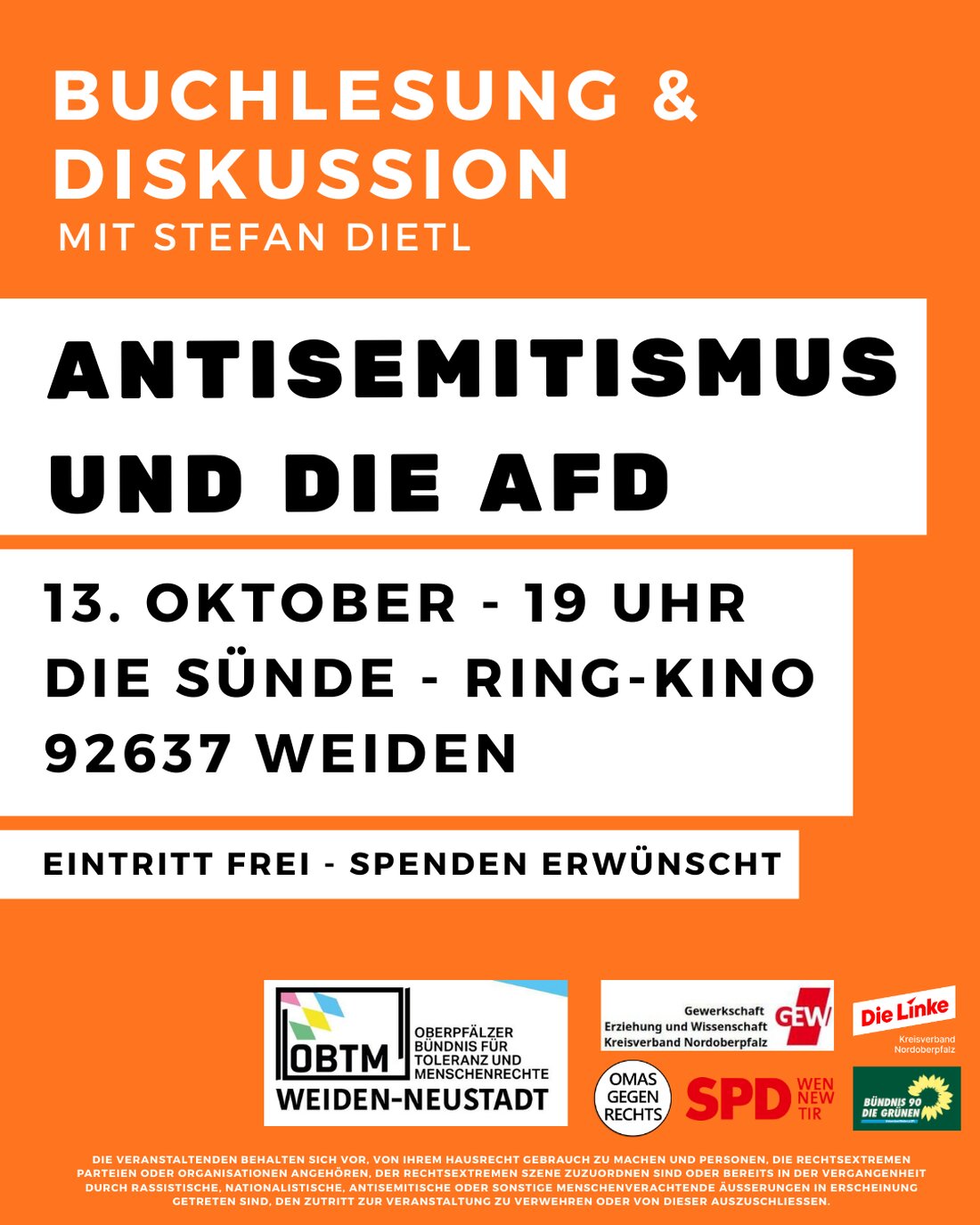 Weiden. Am 13. Oktober 2025 um 19 Uhr stellt Stefan Dietl im Foyer Die Sünde sein Buch Antisemitismus und die AfD vor und diskutiert darüber, der Eintritt ist frei, Spenden sind willkommen.
