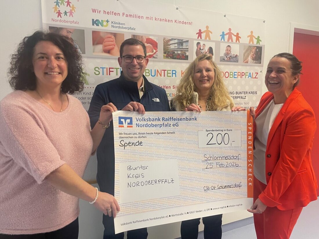 Weiden. Die CSU Schlammersdorf entlastet Familien am 23. Dezember mit einer Betreuungsaktion für bis zu 40 Kinder und spendet den Erlös an den Bunten Kreis Nordoberpfalz. Übergeben wurden 200 Euro in der Kinderklinik Weiden.