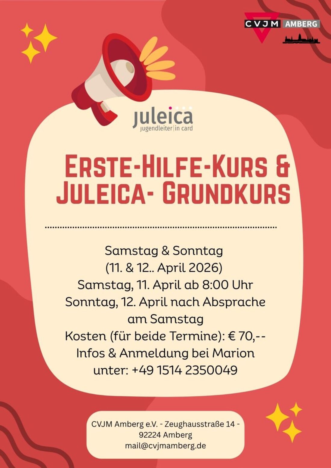 Amberg. Am kommenden Wochenende bietet der CVJM Amberg e.V. in seinen Räumen für alle Interessierten einen Erste-Hilfe-Kurs und anschließend eine Juleica (Jugendleiter-Card)-Grundschulung an.