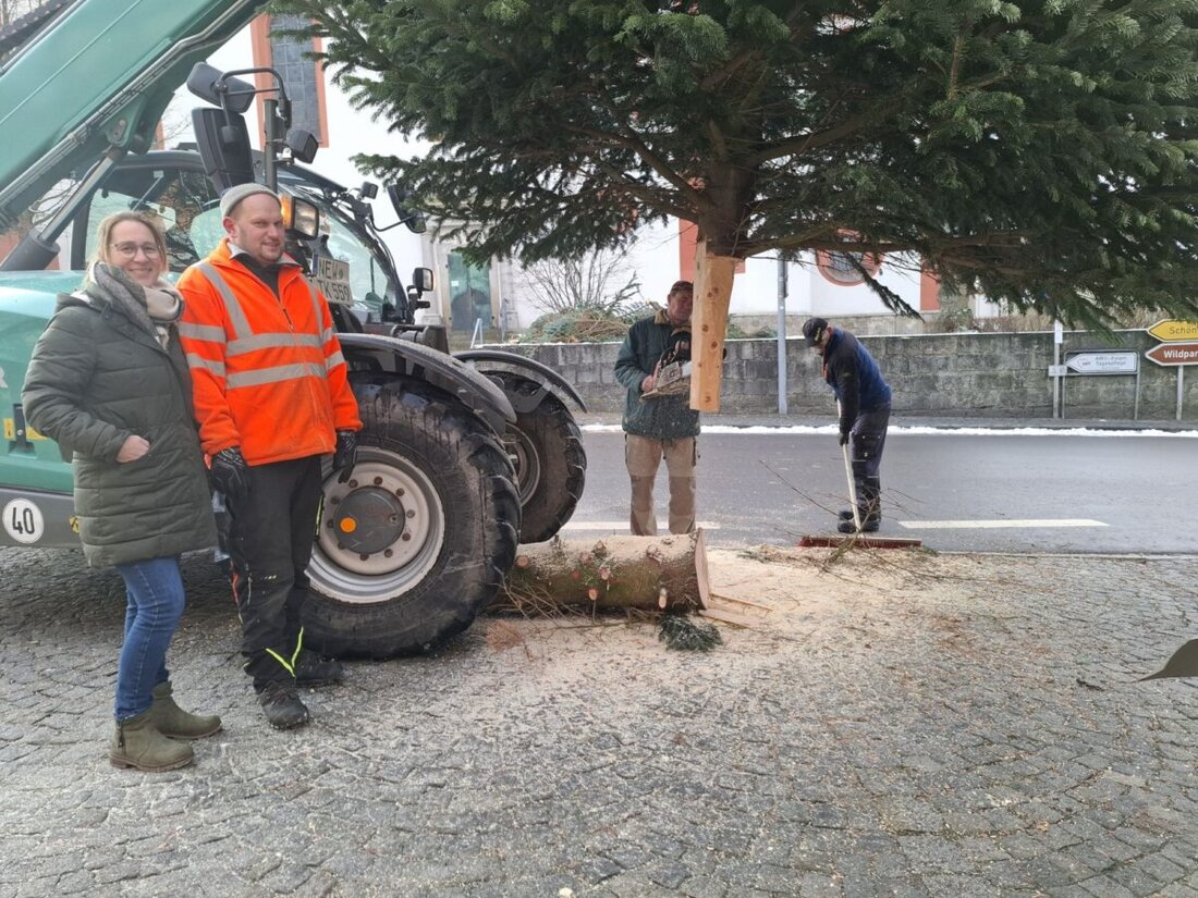 Eslarn. Nach Jahren schmückt wieder ein Christbaum den Vorplatz der Pfarrkirche und knüpft an eine alte Tradition an. Ehrenamtliche stellten die gespendete Tanne auf, damit sie pünktlich zum ersten Advent leuchtet.