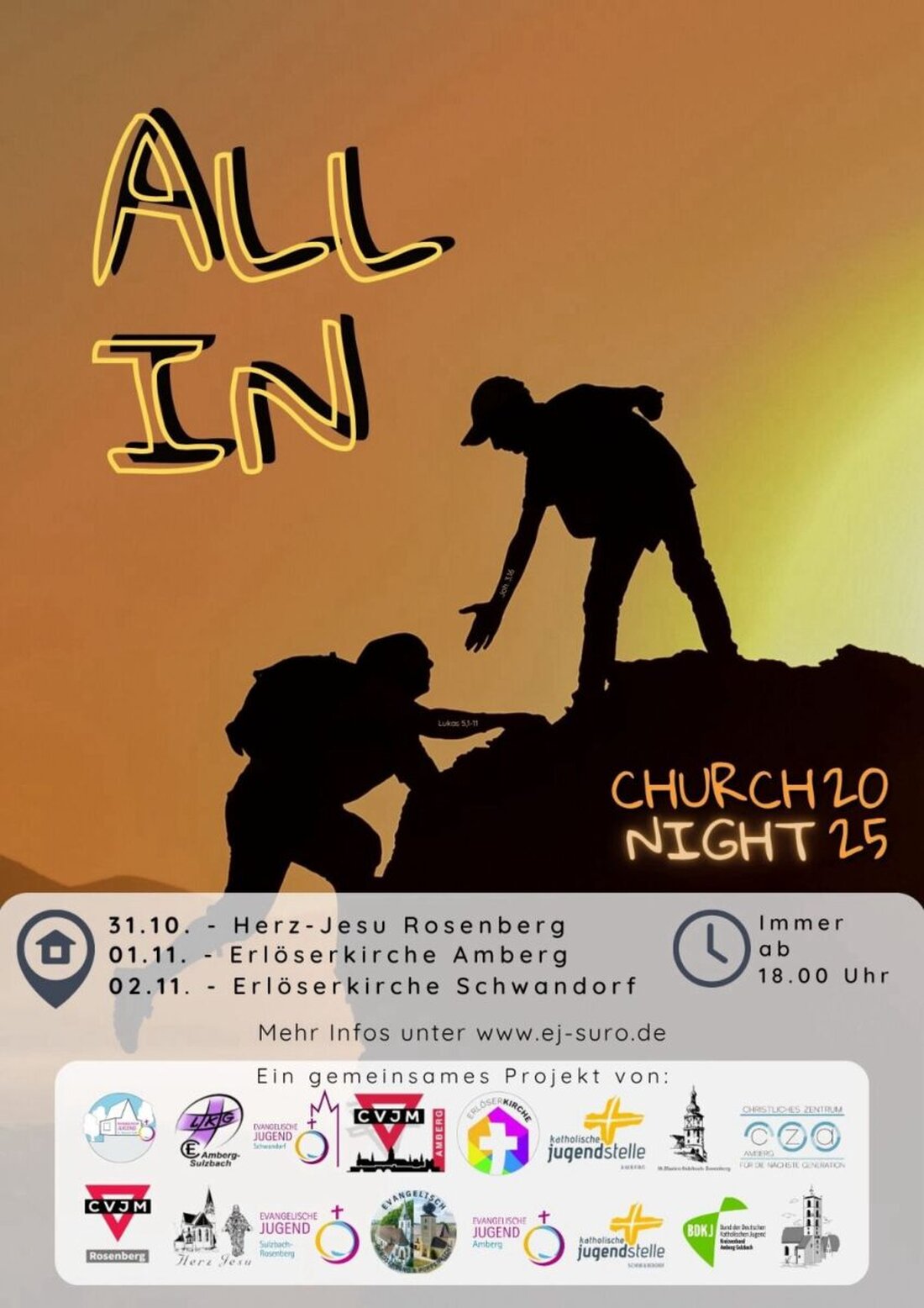 Amberg/Schwandorf/Sulzbach-Rosenberg. Ende Oktober startet die Church Night 2025 in der Nordoberpfalz unter dem Motto "All In". Die Evangelische Jugend lädt Jugendliche und junge Erwachsene zu drei Abenden mit Musik, Kreativität und Glauben ein.