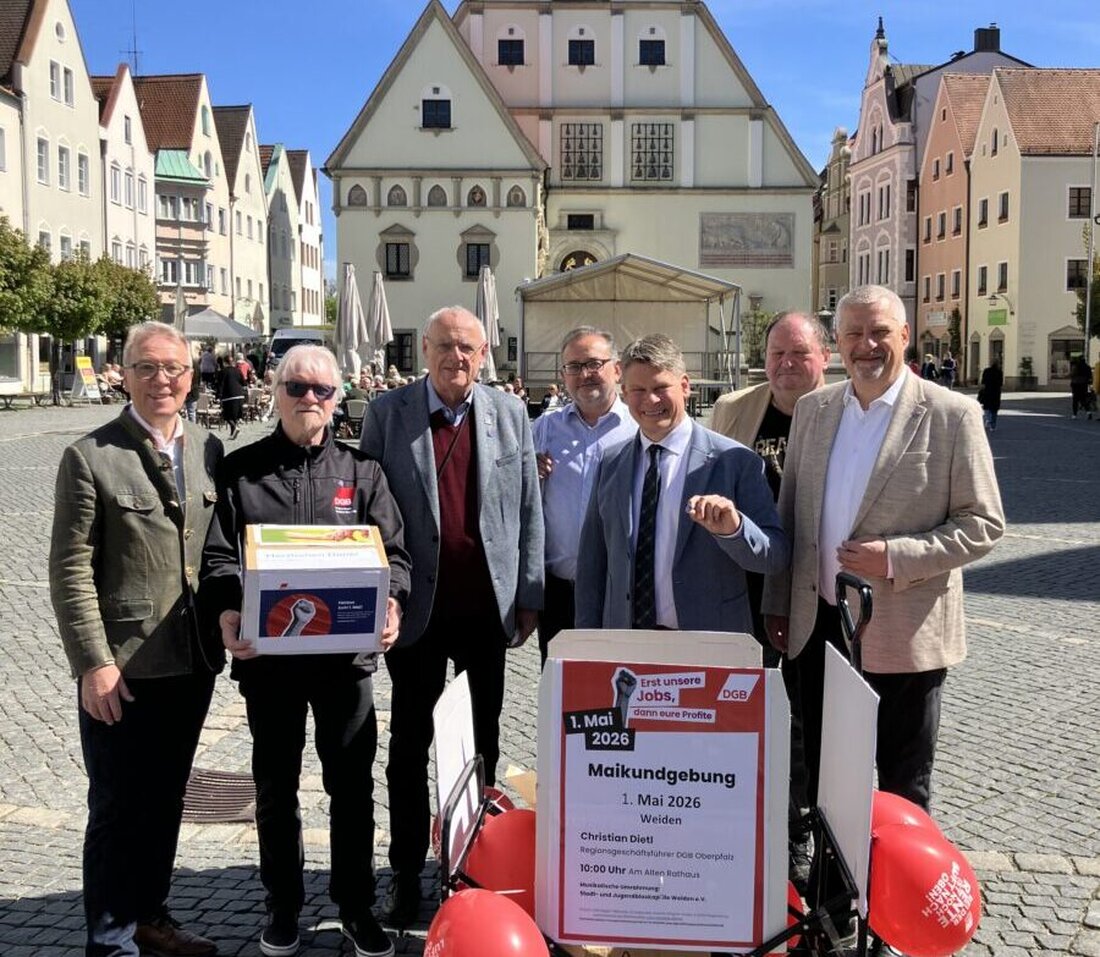 Weiden. Der DGB-Kreisverband Weiden-Neustadt/WN lädt zur Maikundgebung am 1. Mai 2026 um zehn Uhr am Alten Rathaus ein. Unter dem Motto „Erst unsere Jobs, dann eure Profite“ setzen Gewerkschaften und Kommunalpolitik ein Zeichen.