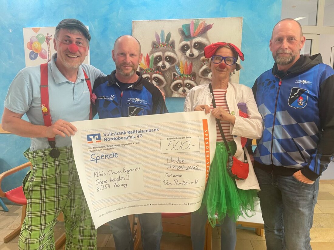 Weiden. Der Dartverein Don Promillo's e.V. unterstützt mit einer Spende von 500 Euro die KlinikClowns nach einem Turnier am 15. Februar. Die Spendensumme hilft den Clowns, kranken Kindern in Weiden regelmäßige Besuche zu ermöglichen.