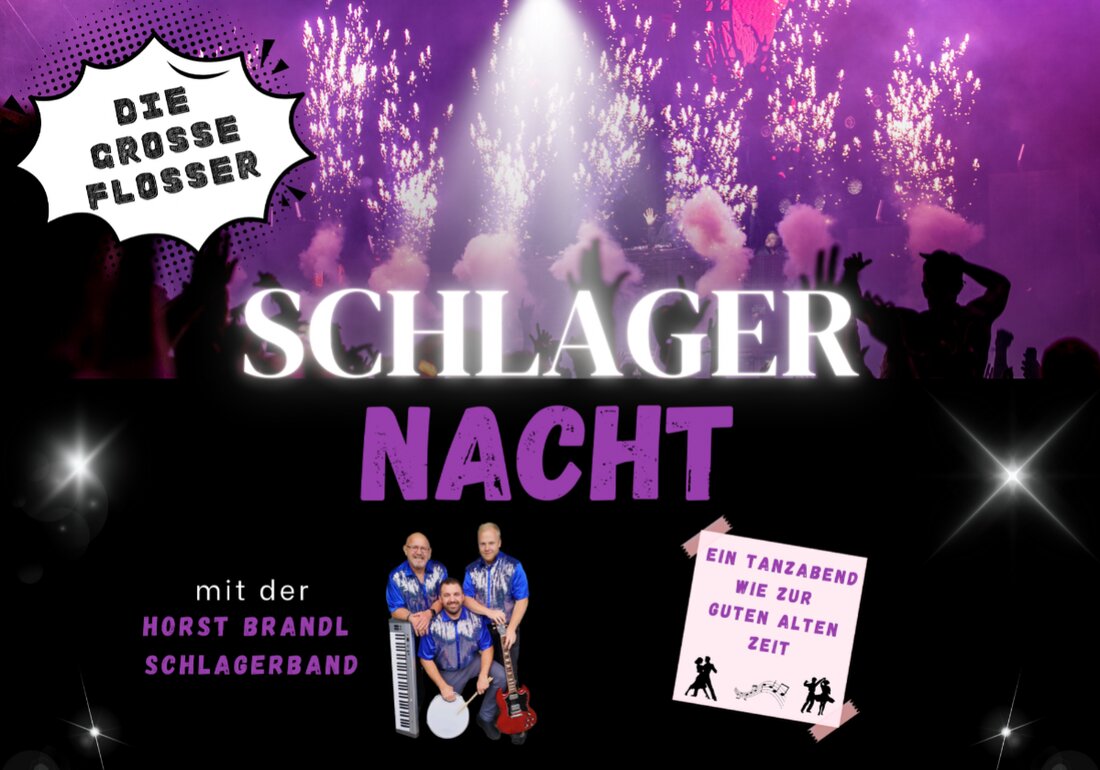 Floß. Der Förderverein Freiwillige Feuerwehr präsentiert in Floß, Forum Floß (Mehrzweckalle), die große Flosser Schlagernacht, ein Tanzabend mit der Horst-Brandl-Schlagerband ohne moderne Schlagerstars, dafür mit Klassikern wie "Mendocino" und "Lotusblume". Tickets für dieses nostalgische Tanzvergnügen am 29. März 2025 sind auf okticket.de erhältlich.