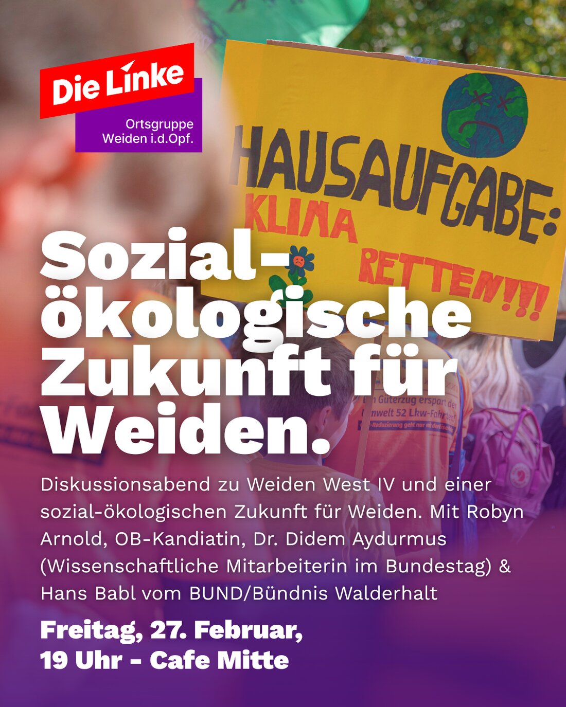 Weiden. Die Linke lädt zum Diskussionsabend über Weiden West IV und Wege gegen Flächenfraß ein. Im Fokus: Innenentwicklung und Nachhaltigkeitsstandards für Gewerbegebiete. Termin: Freitag, 27. Februar 2026, 19 Uhr, Café Mitte.