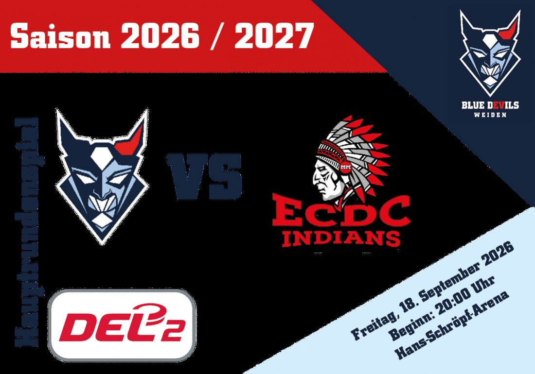 Weiden. Der Veranstalter Blue Devils Spielbetriebs lädt in die Spielstätte Weiden, Hans-Schröpf-Arena (Eisstadion), zum ersten DEL2-Heimspiel der Hauptrunde am Freitag, 18. September 2026, Einlass 18.30 Uhr, Spielbeginn 20.00 Uhr, ein. Sichere dir dein Ticket über okticket.de.
