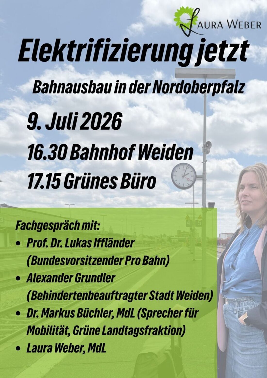 Weiden. Am 9. Juli lädt Laura Weber zum Fachgespräch Elektrifizierung jetzt ein, um den stockenden Bahnausbau zu beleuchten. Nach einem Bahnhofsrundgang startet die öffentliche Diskussion ab 17.15 Uhr im Grünen Büro.