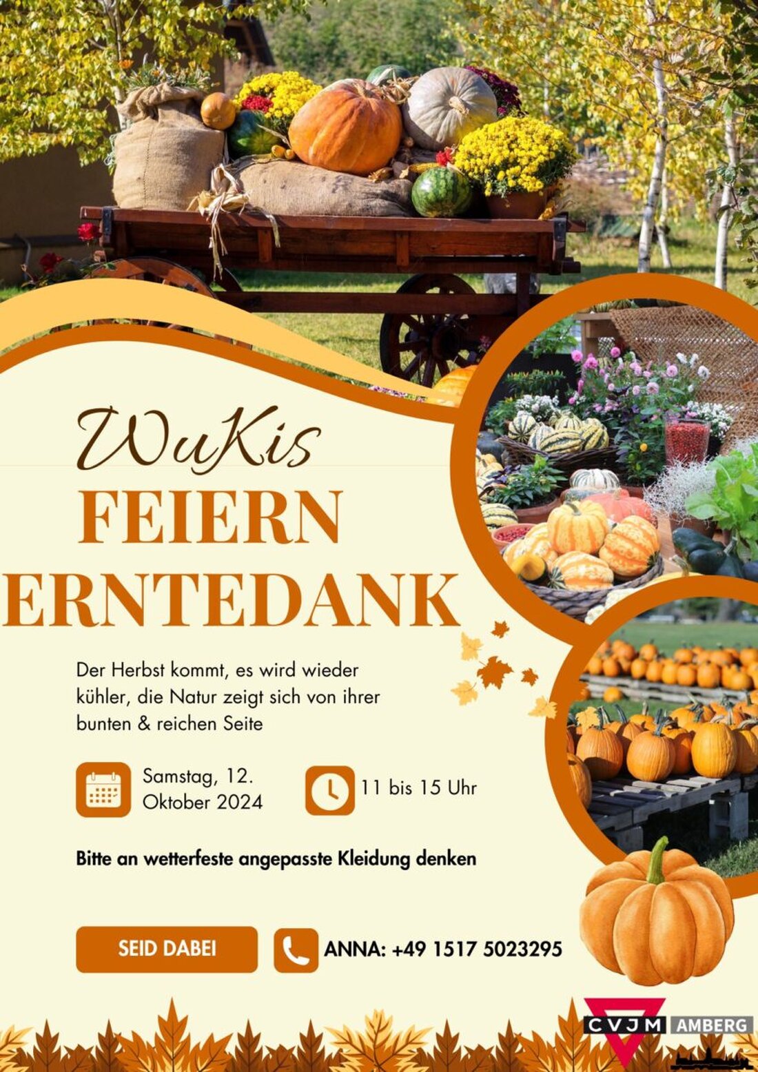 Amberg. Die WuKis feiern am Samstag, 12. Oktober 2024, ab 11 Uhr Erntedank in der Amberger Altstadt, Unkostenbeitrag drei Euro, wetterfeste Kleidung wird empfohlen.