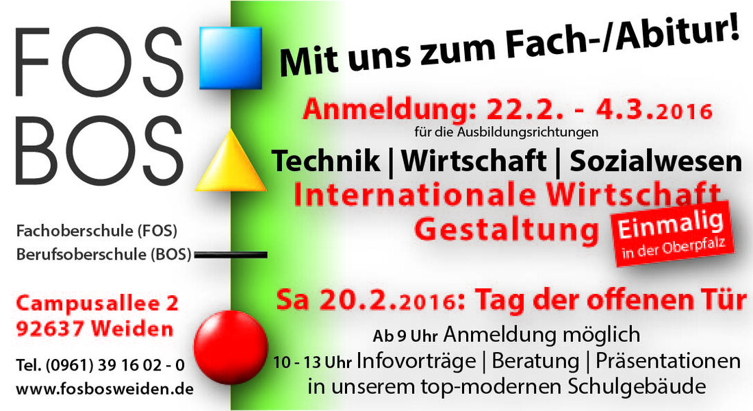 Weiden. Den Weg zum Abitur und Fachabitur erklären die Fach- und Berufsoberschule Weiden bei einem Tag der offenen Tür am 20. Februar. Ferner findet an diesem Tag auch, in Kooperation [&hellip;]