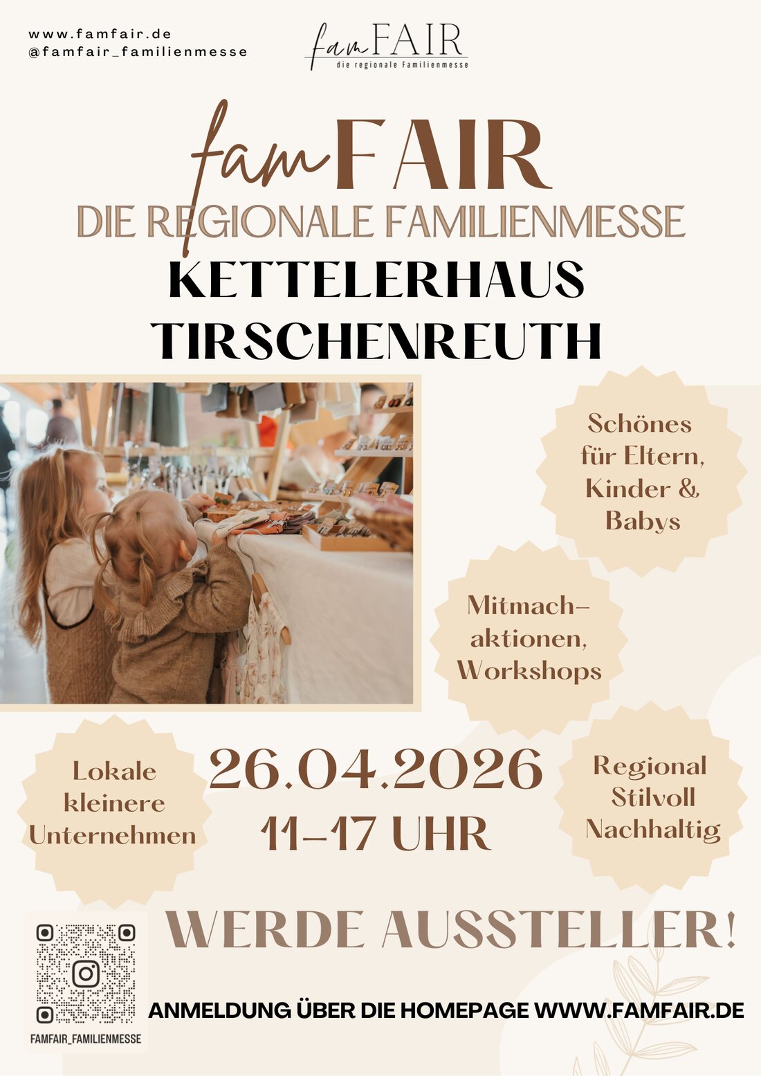 Tirschenreuth. Am Sonntag, 26. April 2026, feiert die FamFair Familienmesse im Kettelerhaus Premiere. Regionale Anbieter zeigen Produkte; für Kinder und Eltern gibt es Mitmach-Angebote, geöffnet von 11 bis 17 Uhr.
