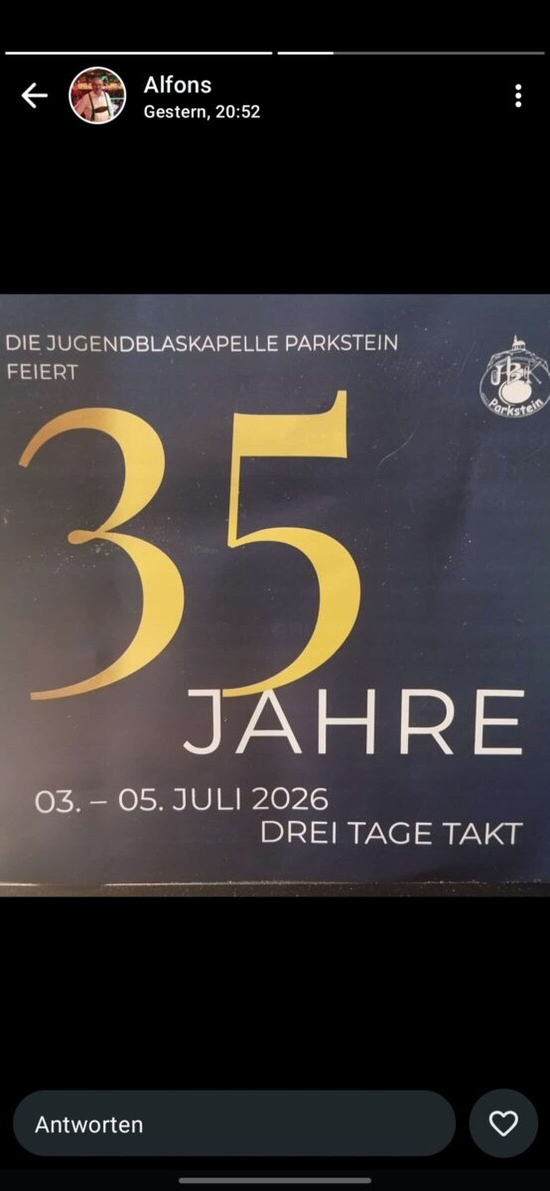 Parkstein. Die Jugendblaskapelle Parkstein feiert ihr 35-jähriges Bestehen vom 3. Juli bis 5. Juli mit Serenade, Festbetrieb ab 16 Uhr, stodldisco ab 20 Uhr sowie Festgottesdienst ab 9 Uhr, Frühschoppen und Kuchen.