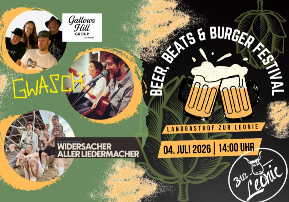 Auerbach. Der Landgasthof zur Leonie als Veranstalter lädt am Veranstaltungsort Auerbach, Landgasthof zur Leonie zum Beer, Beats & Burger Open Air mit drei Live-Acts am 4. Juli 2026 ab 14.00 Uhr ein. Ein Ticket erhältst du auf okticket.de und Kinder bis 16 Jahre benötigen kein Ticket.