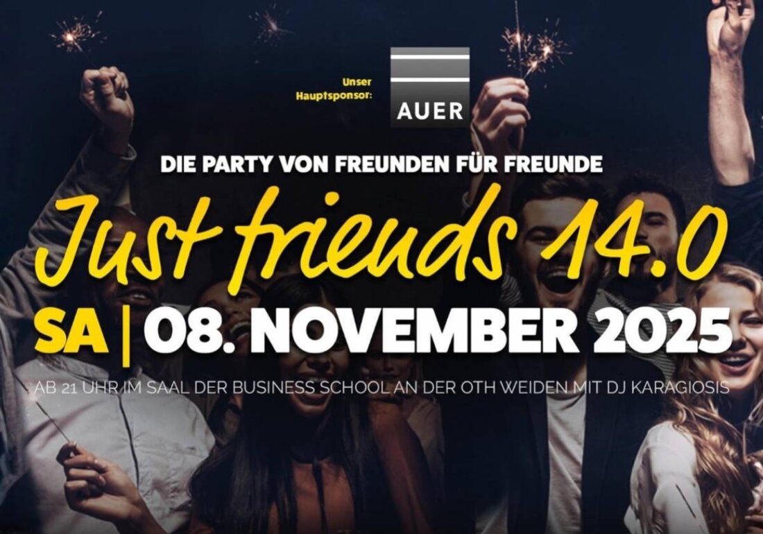 Weiden. Just friends lädt zur Just friends Party 14.0 am Samstag ab 21Uhr im Saal der OTH Business School in Weiden ein und feiert dabei für den guten Zweck. Hol dir dein Ticket auf okticket.de und unterstütze mit deinem Besuch die Arbeit von Just friends.