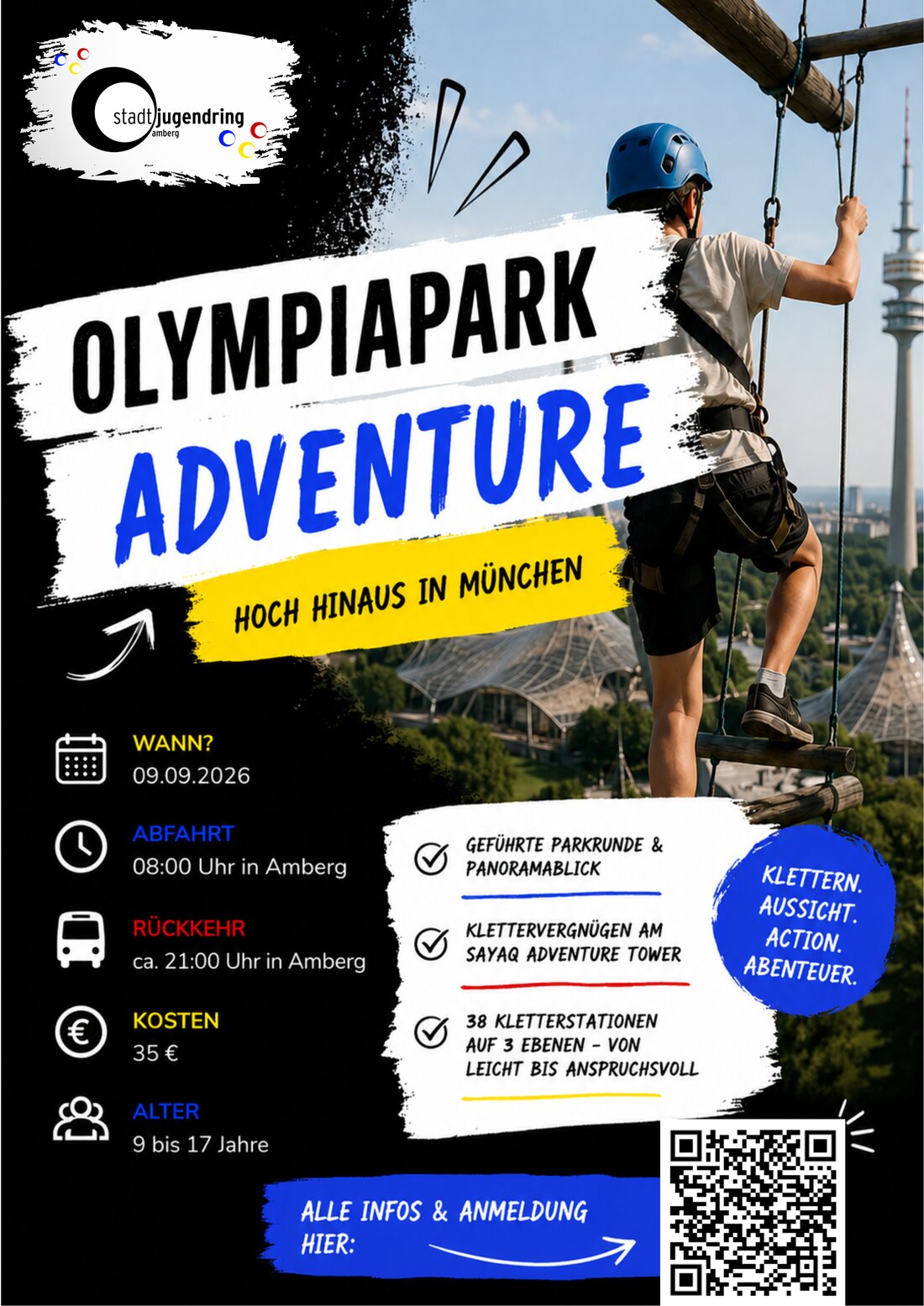 Amberg. Der Stadtjugendring lädt Kinder und Jugendliche zu einer Ferienprogramm-Fahrt in den Olympiapark München ein: geführte Parkrunde, Panoramablick und Klettern am SAYAQ Adventure Tower. Anmeldung online, Plätze begrenzt.