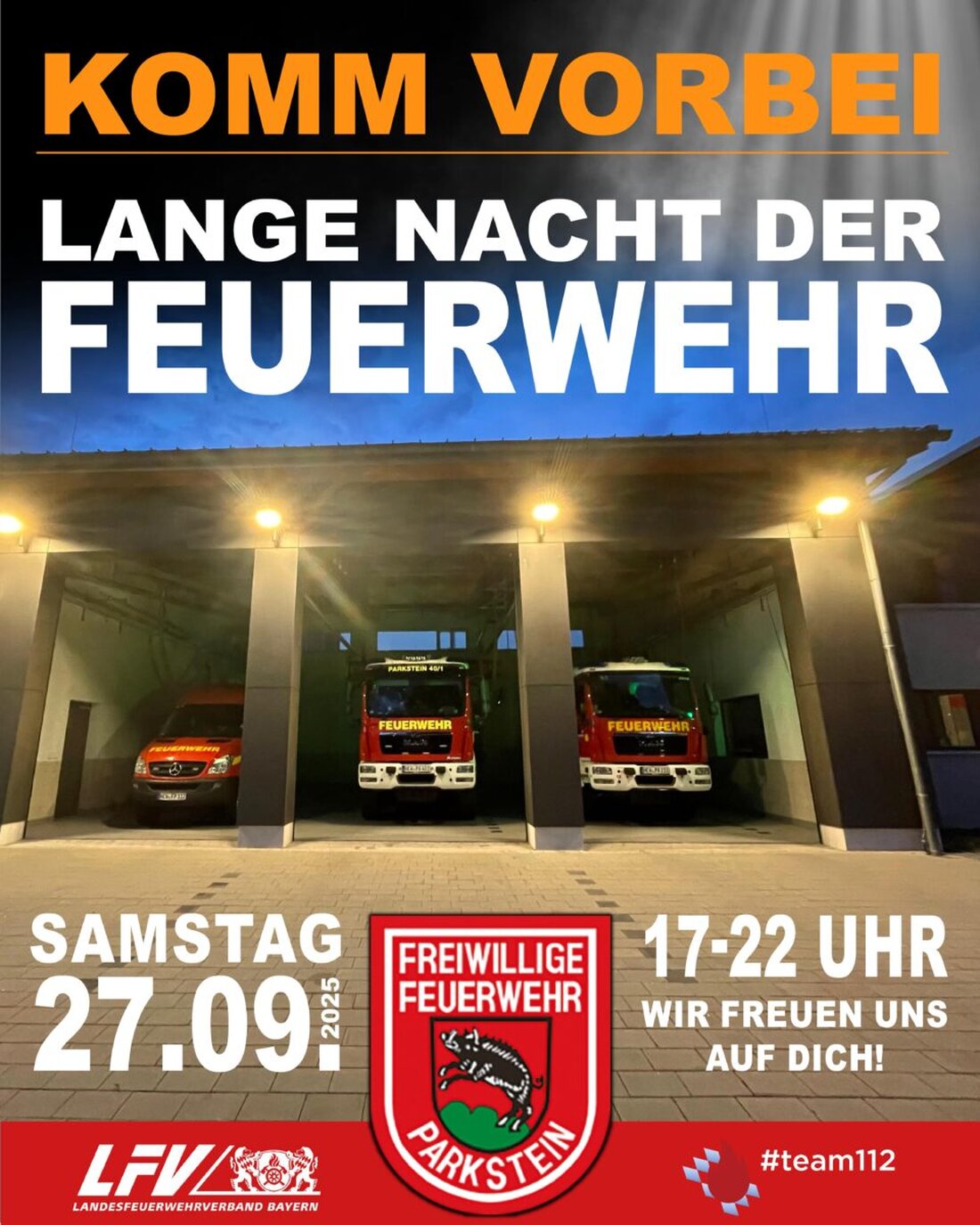 Parkstein. Am Samstag, 27. September, lädt die Freiwillige Feuerwehr Parkstein zur Langen Nacht der Feuerwehr von 17 bis 22 Uhr mit Fahrzeugschau, Vorführungen, Kinderprogramm und Verpflegung ein.