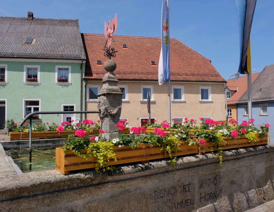 Floß. Zwei historische Brunnen, der Röhrkasten und der Luitpoldplatzbrunnen, sind zentrale Attraktionen und werden mit Blumenschmuck gepflegt. Diese Pflege wird durch Freiwillige und die Beauftragte Johanna Lenkeit fortgeführt, um die Tradition "Floß blüht auf" zu erhalten.