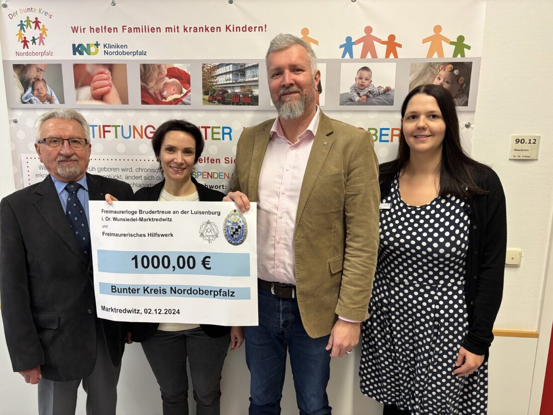 Weiden. Der Bunte Kreis Nordoberpfalz erhält eine Spende von 1.000 Euro von der Freimaurerloge Brudertreue in Weiden. Die Spende wurde durch Weinverkauf bei der Aktion "Kunstgenuss bis Mitternacht" gesammelt.