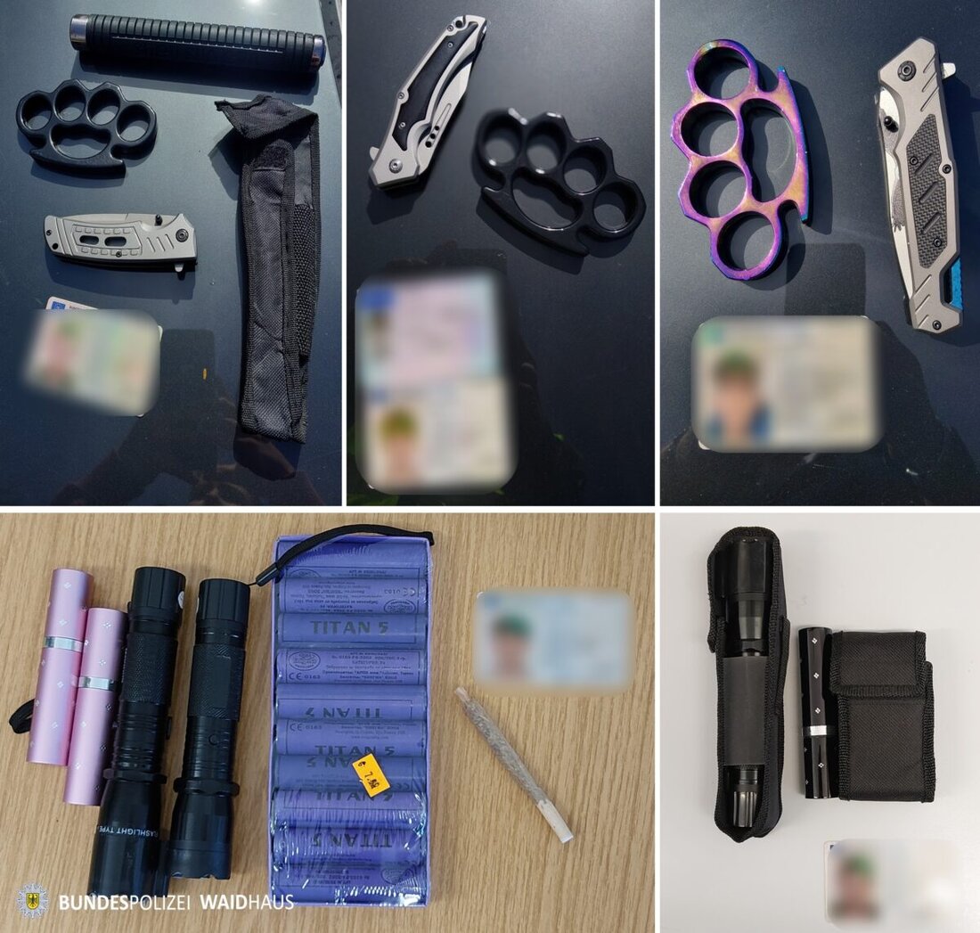 Waidhaus. Bei Grenzkontrollen stellte die Bundespolizei 14 verbotene Waffen sicher, darunter Schlagringe, Messer, ein Teleskopschlagstock, als Taschenlampe oder Lippenstift getarnte Elektroimpulsgeräte und zehn F4-Böller.