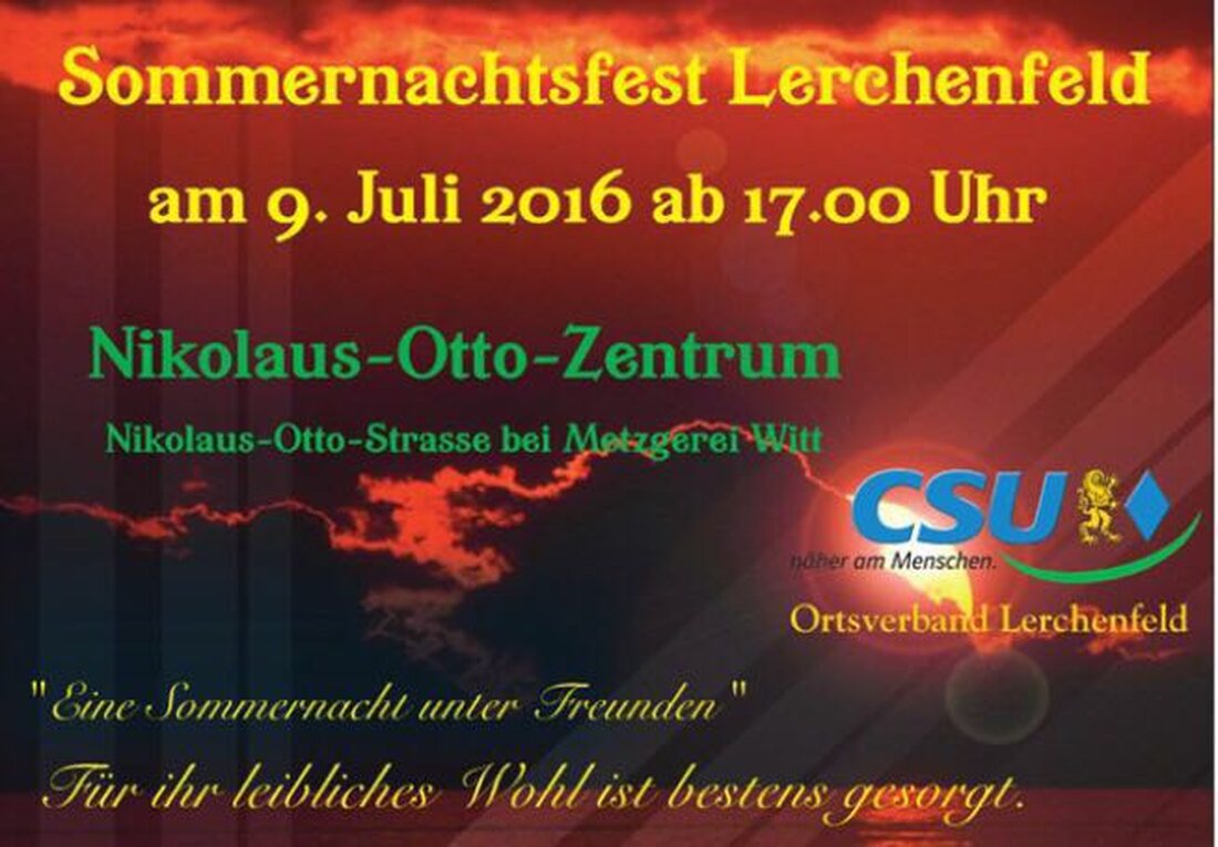 Weiden. Der Nachfolger des “Dackeldorffestes” geht in die zweite Runde. Am kommenden Samstag, 9. Juli, veranstaltet der CSU-Ortsverband Lerchenfeld am Gelände des Nikolaus-Otto-Zentrums das Sommernachtsfest. Nach dem Erfolg im letzten Jahr [&hellip;]