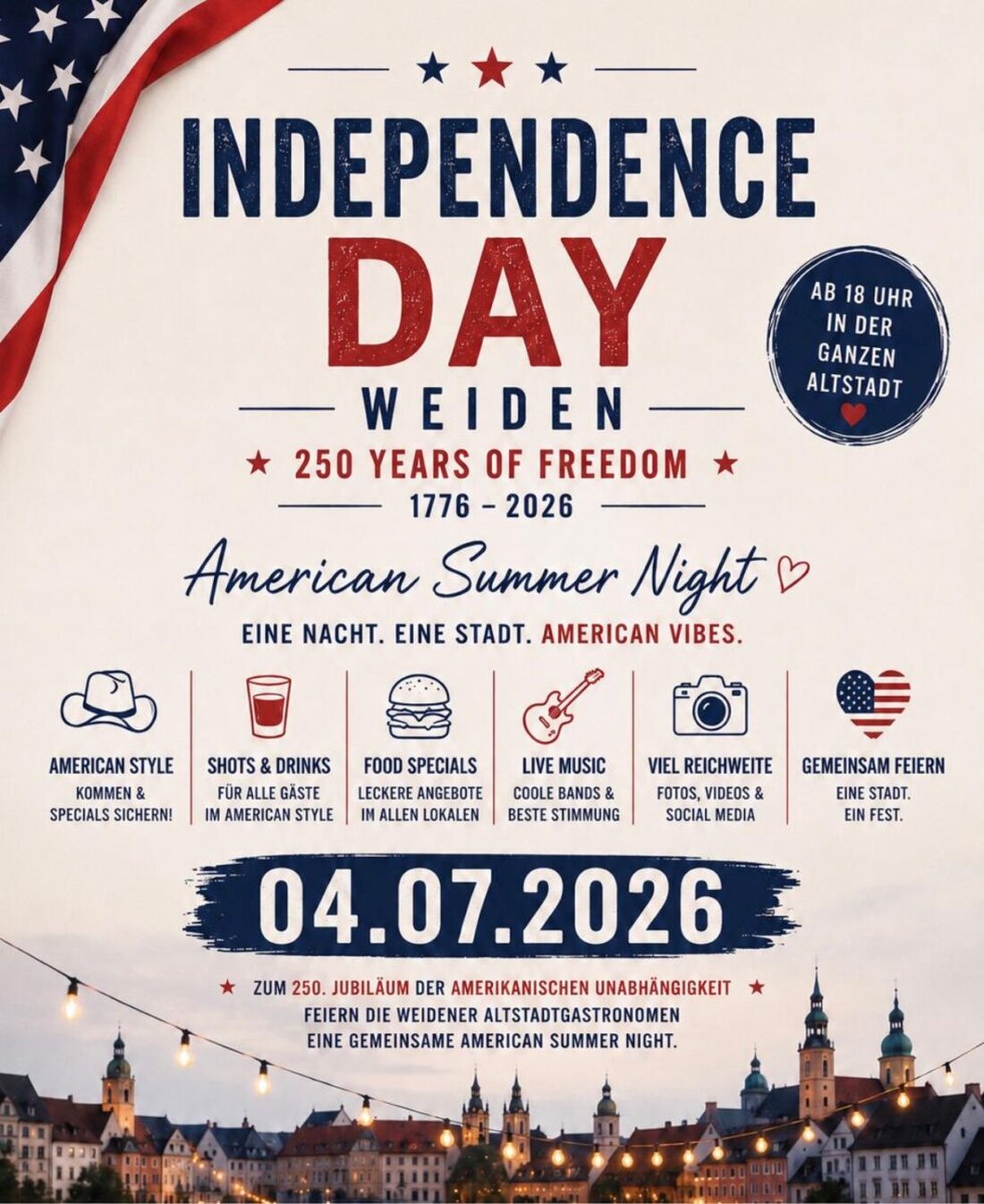 Weiden. Am 4. Juli 2026 feiert die Innenstadt gemeinsam 250 Jahre Independence Day. Unter dem Motto „American Summer Night – Eine Nacht, eine Stadt, American Vibes“ gibt es ab 18 Uhr Specials, Aktionen und amerikanisches Flair.