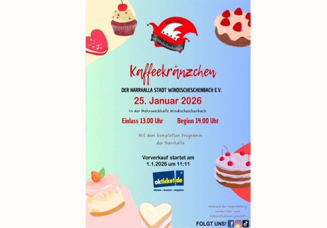 Windischeschenbach.
Die Narrhalla Stadt Windischeschenbach lädt am 25. Januar 2026 in Windischeschenbach, Mehrzweckhalle, zum gemütlich-närrischen Kaffeekränzchen mit Programm, Kaffee und Kuchen ein, Einlass 13.00 Uhr, Beginn 14.00 Uhr.
Sichere dir dein Ticket auf okticket.de und feiere mit.