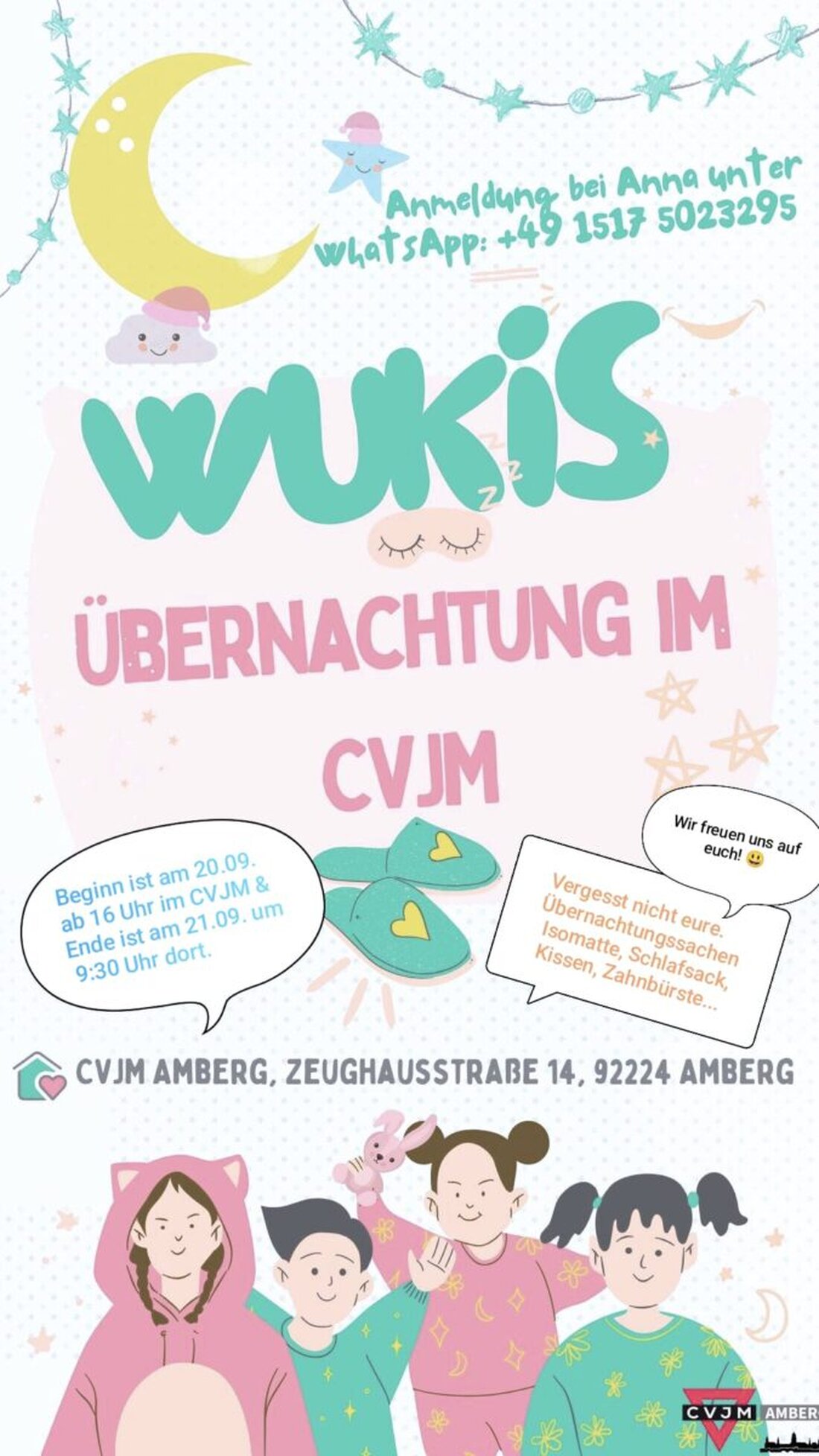 Amberg. Der CVJM lädt Kinder von sechs bis zwölf zur Übernachtung am 20. September 2025 ab 16 Uhr ein. Die Abholung ist am 21. September von 9.30 bis 10 Uhr und es gibt Kino und eine Nachtwanderung.