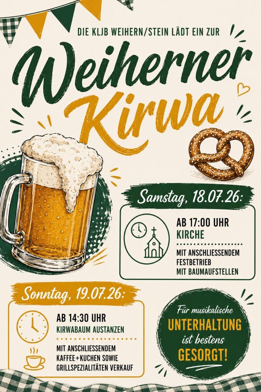 Weihern. Die KLJB Weihern-Stein lädt zur St.-Margareta-Kirchweih: Patrozinium am Samstag, den 18. Juli um 17 Uhr, danach Feier am Dorfplatz. Am Sonntag 14.30 Uhr Kirwabaum-Austanzen, am Montag Sportheimkirwa der DJK.
