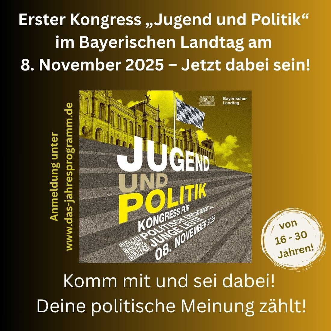 München / Landkreis Amberg-Sulzbach. Am 8. November findet im Bayerischen Landtag erstmals der Kongress "Jugend und Politik" statt, ein bayernweites Forum für politisch engagierte junge Erwachsene im Alter von 16 bis 30 Jahren. Um jungen Menschen aus dem Landkreis Amberg-Sulzbach die Teilnahme zu ermöglichen, bietet die Kommunale Jugendarbeit eine kostenfreie Fahrt nach München an.