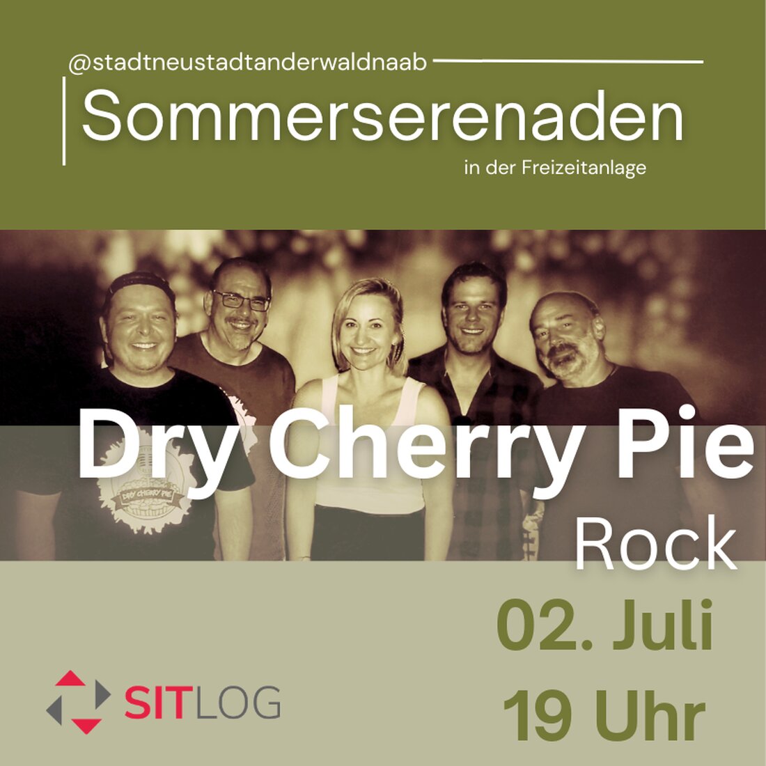 Neustadt/WN. Am 2. Juli 2026 spielt Dry Cherry Pie ab 19 Uhr die 3. Sommerserenade in der Freizeitanlage, Gramaustraße 64. Freier Eintritt und Bewirtung durch das "Josi" versprechen einen mitreißenden Sommerabend.