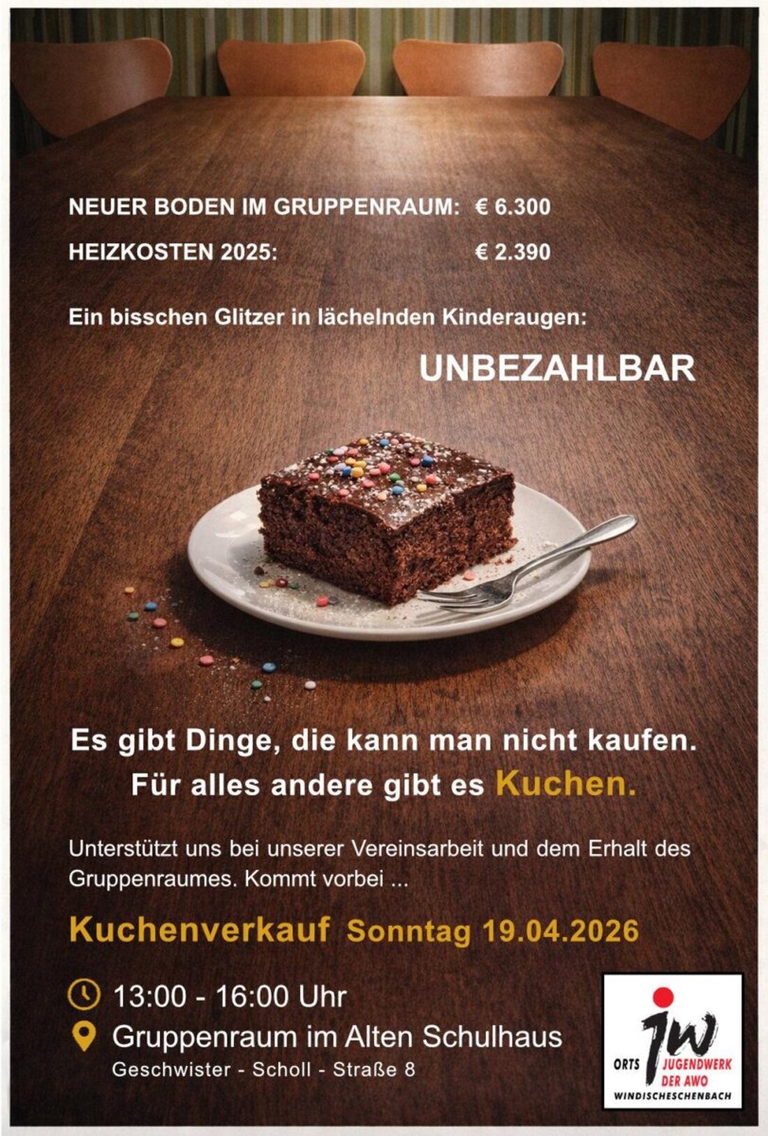 Windischeschenbach. Am 19. April verkauft das Ortsjugendwerk der AWO von 13 bis 16 Uhr im Gruppenraum Kuchen für den guten Zweck. Erlöse helfen bei gestiegenen Kosten und der überfälligen Bodenerneuerung.