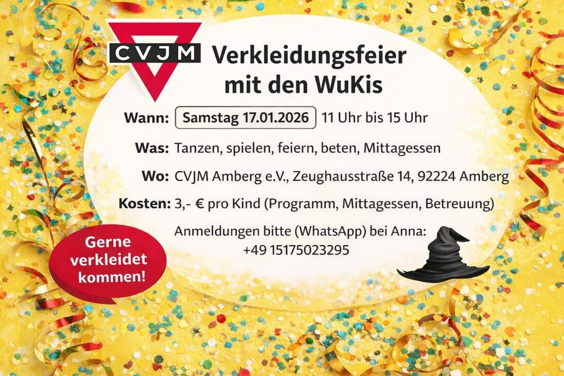 Amberg. Am Samstag, 17. Januar 2026, lädt der CVJM zur Faschingsgaudi für Kinder von sechs bis zwölf ein. Start ist 11 Uhr, Ende 15 Uhr.