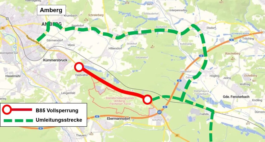 Amberg. Ab 29. Juni 2026 wird die B 85 bis 17. Juli voll gesperrt. Grund ist die Erneuerung der Fahrbahn; Umleitungen sind eingerichtet.