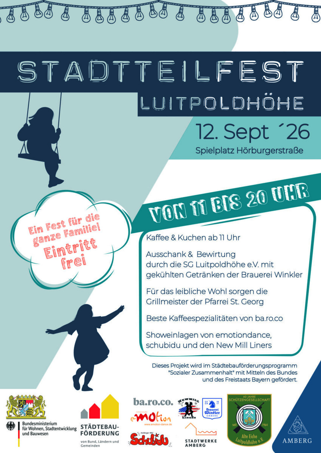 Amberg. Am 12. September 2026 lädt das Stadtteilfest auf der Luitpoldhöhe von elf bis 20 Uhr zum gemeinsamen Feiern ein und bietet Familien Musik, Showeinlagen und Kulinarisches. Der Eintritt ist frei.