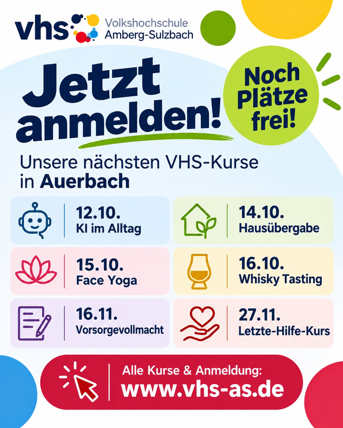 Auerbach. Die vhs bietet in den kommenden Wochen noch freie Plätze: Von Künstlicher Intelligenz über Face Yoga und Hausübergabe bis Whisky-Tasting ist für viele Interessen etwas dabei. Jetzt anmelden und Platz sichern.