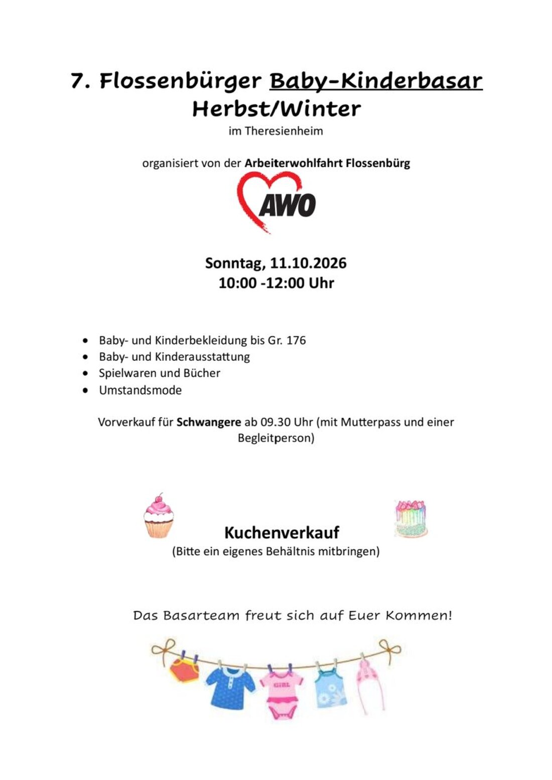 Flossenbürg. Die AWO lädt am 11. Oktober 2026 von 10 Uhr bis 12 Uhr zum 7. Baby- und Kinderbasar ins Theresienheim ein. Schwangere erhalten ab 9.30 Uhr früheren Einlass, der Erlös unterstützt die Gemeindebücherei.